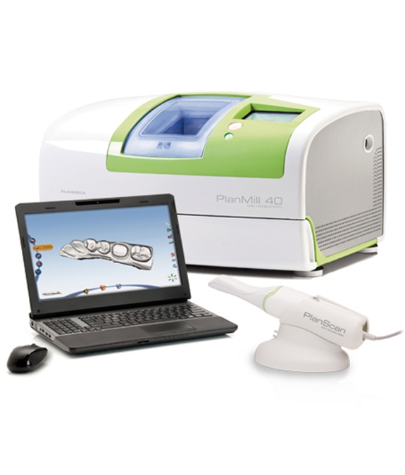E4D machine and laptop with digital bite impressions and dental crown design