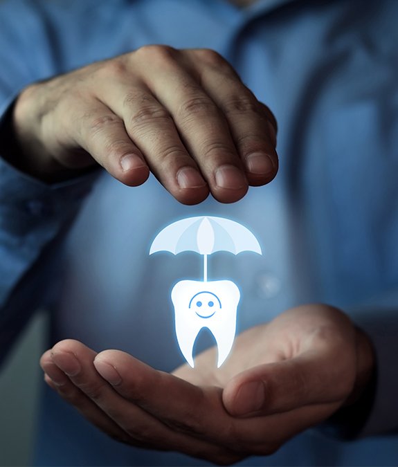 man holding cartoon tooth with umbrella